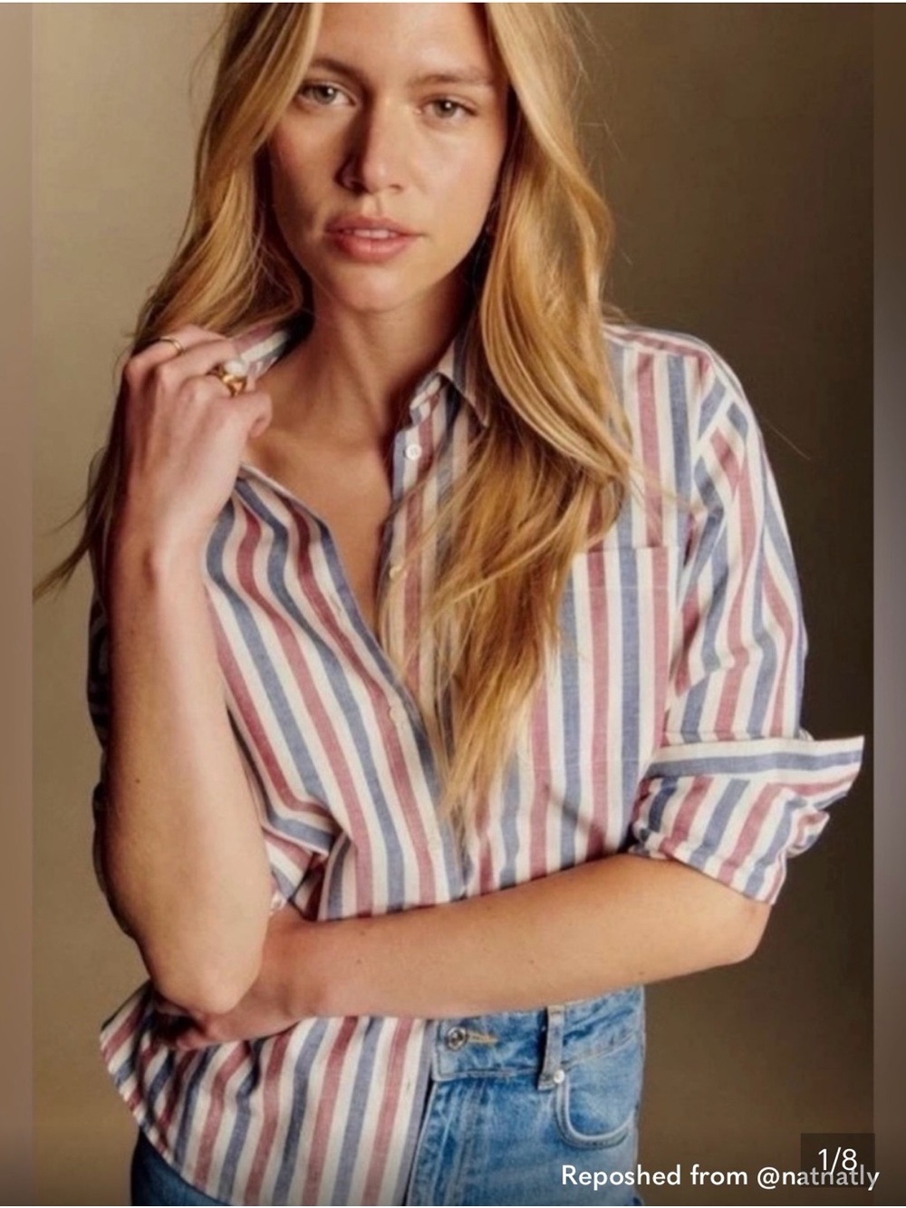 Sezane women’s Max Striped Button-Up Shirt in Red, Blue and White